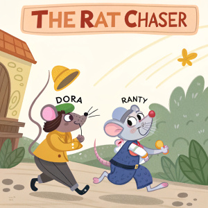 Digital artwork for 'The Rat Chaser' game. Features a lively mouse named Dora and a mischievous rat named Ranty in a cartoon world. Flat design with bright colors and playful elements.