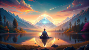 Abundance Consciousness: Envision a serene figure meditating by a crystal-clear lake, the surrounding nature vibrant under the golden hour's light. This scene symbolizes peace, inner wealth, and the abundance that flows from a state of mindfulness.