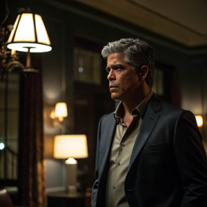 Esai Morales as Joseph Adama in a dimly lit room. Dark suit and muted-toned shirt. Serious expression, focused gaze. Multiple lamps casting soft light