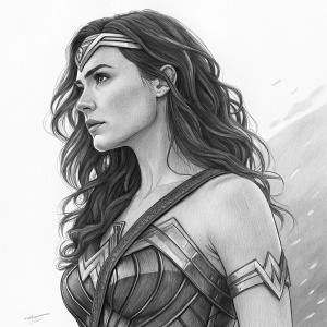 Gal Gadot in a black and white sketch. Wonder Woman character design. Simple background