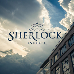 Digital artwork showcasing 'Sherlock InHouse' logo. Cloudy sky background, modern font, text in Spanish.