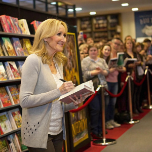 J.K. Rowling at a book signing event. Dressed in a casual yet elegant outfit. Bookshelves and posters in the background. Crowded hall with eager fans.
