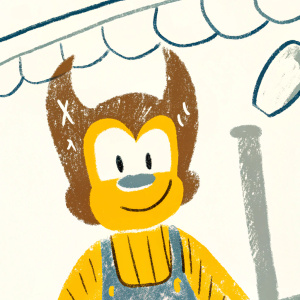 Cheerful cartoon Wolverine, large smile, simple black and white line art style