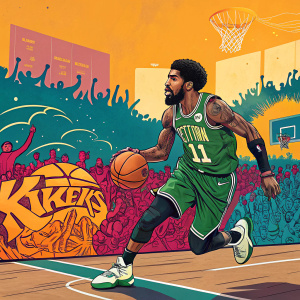 Artwork featuring Kyrie Irving in a vibrant graffiti style. The background is a basketball court with a crowd of fans