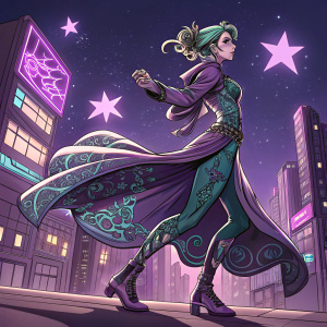 Jolyne Cujoh from JoJo's Bizarre Adventure series, illustrated in a dynamic pose. Character in a flowing dress with intricate designs, standing on a neon-lit cityscape. Dark purple background with stars