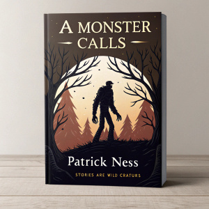 Book cover illustrations for 'A Monster Calls' by Patrick Ness. The cover features a silhouette of a towering monster with a black, brown, and white color scheme. The phrase 'Stories are wild creatures' is elegantly embossed on the front.
