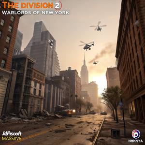 3D artwork of The Division 2: Warlords of New York, showing a devastated cityscape with flying drones. The scene is rendered in a gritty, realistic style. The colors are primarily brown and grey, with the Ubisoft Massive logo prominently displayed.