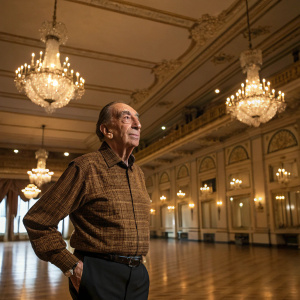 Jose Ferrer, distinguished gentleman, wearing a brown checked shirt, in the middle of an elegant indoor ballroom.
