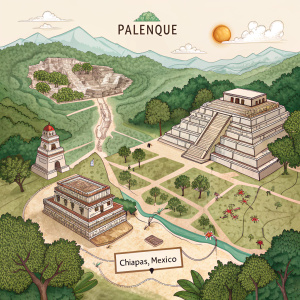 Interactive map highlighting the ancient Mayan city of Palenque. Located in Chiapas, Mexico. Features various structures and pathways labeled.