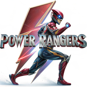 A sleek, futuristic Power Rangers logo, featuring a dynamic lightning bolt symbol and bold, metallic typography, designed for a high-tech digital interface.