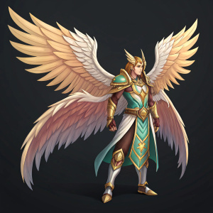 Digital painting of Velajuel from Summoners War. Elaborate feather-like wings, detailed character design, vibrant colors against a solid black background.