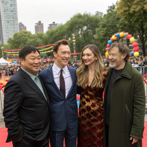 Benedict Wong, Benedict Cumberbatch, Elizabeth Olsen, and Sam Raimi at a grand opening ceremony for a new art gallery. Crowds gathered in a vibrant city park.