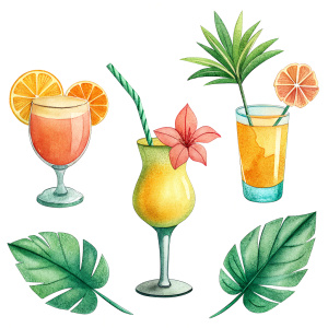 Set of hand drawn bright tropical cocktails decorated with tropical flowers, leaves and fruits on white background. Beautiful Summer decor for menus, posters, cards, and packaging