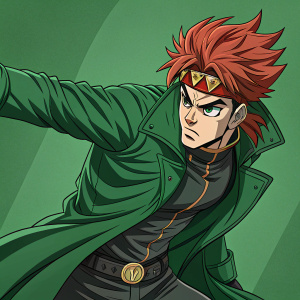 Digital artwork featuring a character from JoJo's Bizarre Adventure - Stardust Crusaders. Character in action pose, red spiky hair, green jacket, intense expression. Graphic green background