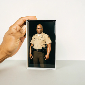 Detailed collectible figure of Sgt. Doakes from Dexter. Stereotypical police officer stance with stern expression. Comes in protective white packaging showcasing intricate design of figurine on blue base.
