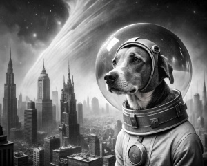 dog in a spacesuit, a ((retrofuturistic city)) of the 1920s, shot from afar, full bodies, cinematic, old photo effect, noir, 20s, aesthetics 20s, black and white
