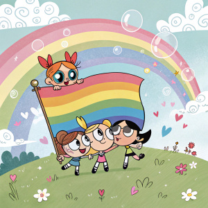 In a whimsical cartoon landscape, the Powerpuff Girls and their friends embrace a rainbow-colored transgender flag. The scene is filled with joyful, bright colors and heartwarming messages of inclusion.