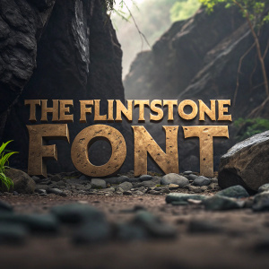Promotional image featuring 'The Flintstone Font' logo. The text in a primitive, uneven style, set against a dark, rocky background.