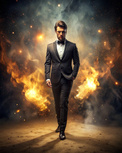 effect, photoshop action, realistic with human body in tuxedo, fire, sparks, dust, explosion, smoke, sand, shadows, glow, glow, glare, light, slim, in style: serious, business, wise, quality xd,  