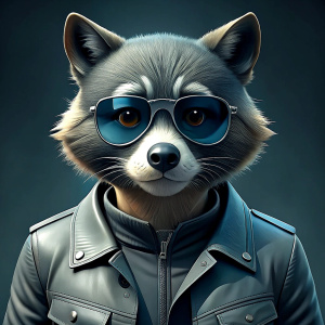 a racoon wearing sunglasses and a black jacket, computer graphics by Mac Conner, behance, computer art, behance hd, official art, wallpaper