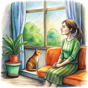 encourage a upset lady sitting on a sofa with a cat, looking outside of window.