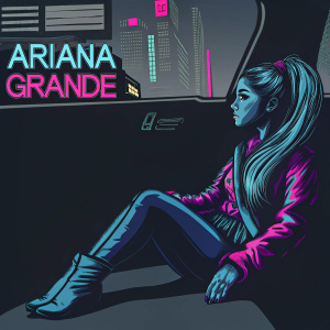 Ariana Grande styled as a retro anime character, sitting in a modern, stylized cartoon scene. Text in picture mentions her latest record release.