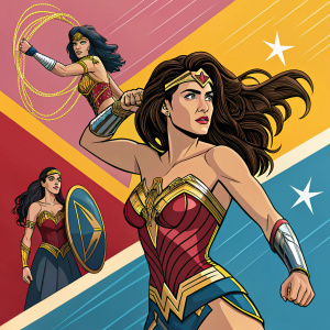 Illustration of Wonder Woman. Dynamic action poses. Bold colors and lines. Vibrant background. Multiple variations of her character with various expressions and poses.