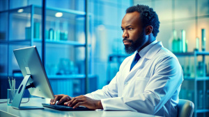  African American pharmaceutical scientist using computer while working on new research in laboratory.