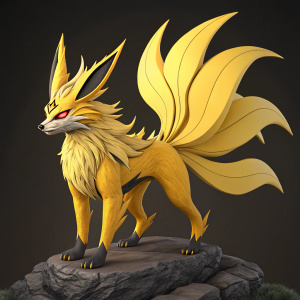 A detailed digital artwork showcasing Kurama in Ashura Mode from Naruto. Yellow and sharp angular features, standing on rocky base. Against a contrasting dark background, enhancing its striking design.