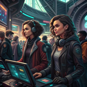 Jessica Lucas and Camren Bicondova at a futuristic tech conference. Surrounded by gadgets and other attendees.