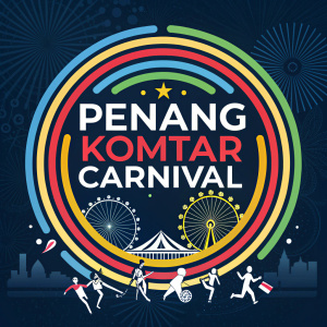 Penang Komtar Carnival logo. Centered vibrant design with concentric circles. Dark navy blue background. Radiating colors from center. Text 'Penang Komtar Carnival' in varying sizes and styles. Modern and dynamic