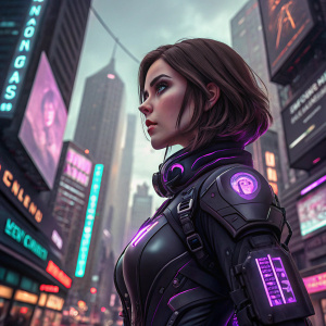 Close-up of Nikita, a cyberpunk heroine, in a neon-lit dystopian cityscape. She wears a futuristic black bodysuit with glowing purple accents. Her brown hair is styled into a sleek bob. The background is a blurred array of digital billboards and towering skyscrapers.