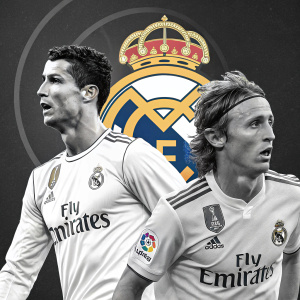 High-energy promotional image featuring Cristiano Ronaldo and Luka Modric. Wearing Real Madrid jerseys, they strike athletic poses. Black and white aesthetic, contrasted with team logo and sleek design.