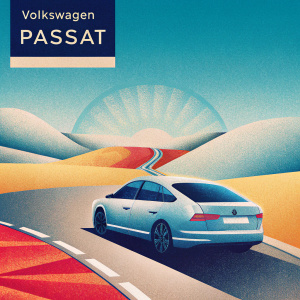 A sleek Volkswagen Passat ad featuring panoramic sunroof, detailed feature descriptions, and call-to-action. Background showcases open road and serene landscapes.