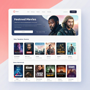 Homepage of a popular streaming service. Search bar, featured movies grid, and personalized recommendations.
