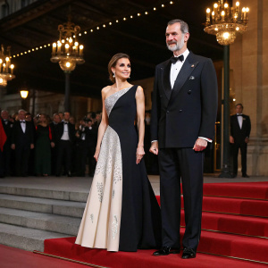 King Felipe VI and Queen Letizia at a gala event. Wearing formal attire, standing on a stage with red carpet leading to them.