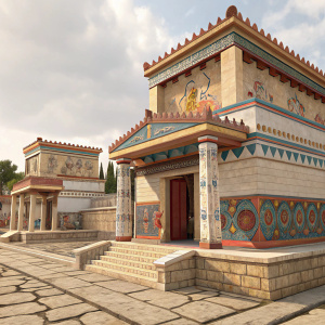 3D architectural model of Assassin's Creed Odyssey's Minoan structures. Vibrant and detailed design. Earthy tones with accents of bright colors. Focus on intricate building details.