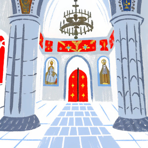 The stunning interior of Svetitskhoveli Cathedral. Elaborate stone pillars, vibrant paintings, intricate mosaics, chandelier hanging above, stone tiled floor, and ancient inscriptions