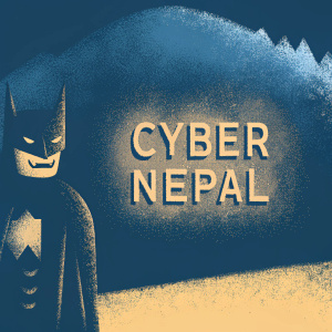 Batman, with a fierce expression, stands next to the Cyber Nepal logo. Dark and moody background with subtle textures