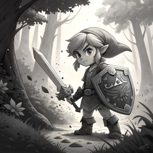 Digital art of Toon Link, gray scale, ink splatters. He's holding a large sword, standing confidently in a forest setting.