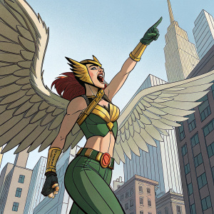 A vivid illustration of Shayera Hol, aka Hawkgirl. She is portrayed in a dynamic pose with her wings outstretched, against a backdrop of a bustling cityscape. Her attire is a mix of green and gold, and her expression is one of fierce determination. The scene is set under a bright, clear sky with modern skyscrapers towering in the background. The artwork is rendered in a bold, comic book style.