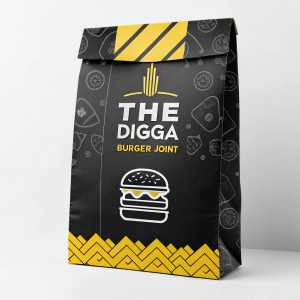 Creative packaging concept for The Digga burger joint. Modern and bold design with black and white theme and yellow accents