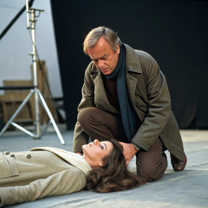 Franco Zeffirelli directing a scene. Actress in distress, lying on the ground. He kneels beside her, offering comfort. Studio backdrop