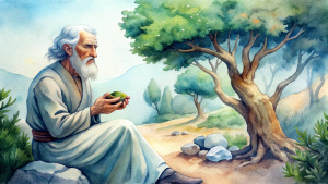 In the ancient times of the Bible, Elijah, with short white hair, sat on his knees under a juniper tree, holding a bottle of water and a round loaf in his hands and eating.