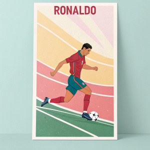 Stylized illustration of Cristiano Ronaldo in a vibrant soccer scene. Flat design with pastel hues. White border, light background. Name 'Ronaldo' in bold text.