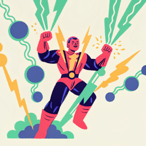 Elektro, a DC Comics character, illustrated in a dramatic, action-packed pose amidst electric energy. The artwork features a bold, colorful style.