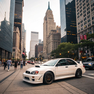 A white Subaru Impreza WRX STI Type Ra-R parked in a bustling city street. Surrounded by tall skyscrapers and busy urban life.
