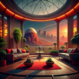 Photo of a lobby in a mansion on Mars with views of other buildings at night.