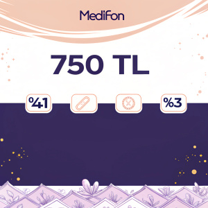 Homepage of Medifon, an online Turkish pharmacy. Vibrant design with orange, purple, white, and gold colors. Pricing details '750 TL', '%1', '%3' displayed prominently. Icons and logos in sidebar.