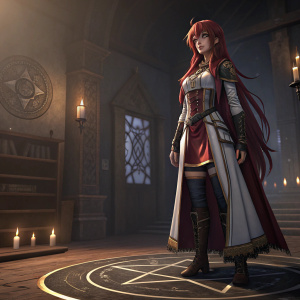A detailed 3D model of Rias Gremory, a character from high fantasy setting. She is standing in a dimly lit room, surrounded by shadows and mystical symbols
